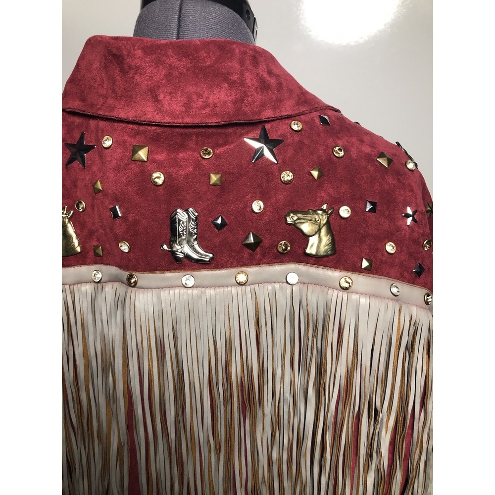 Josefina by Vero Solis Burgundy Fringe Stud Jacket Western Boho M B-58″ DAMAGED - Picture 9 of 16